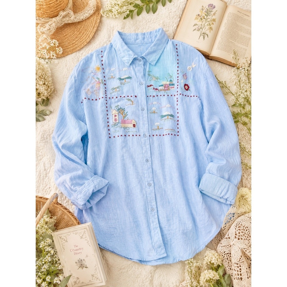 New Addition Maternity Shirt L Blue Embroidered Scenic Landscape Cotton Vintage